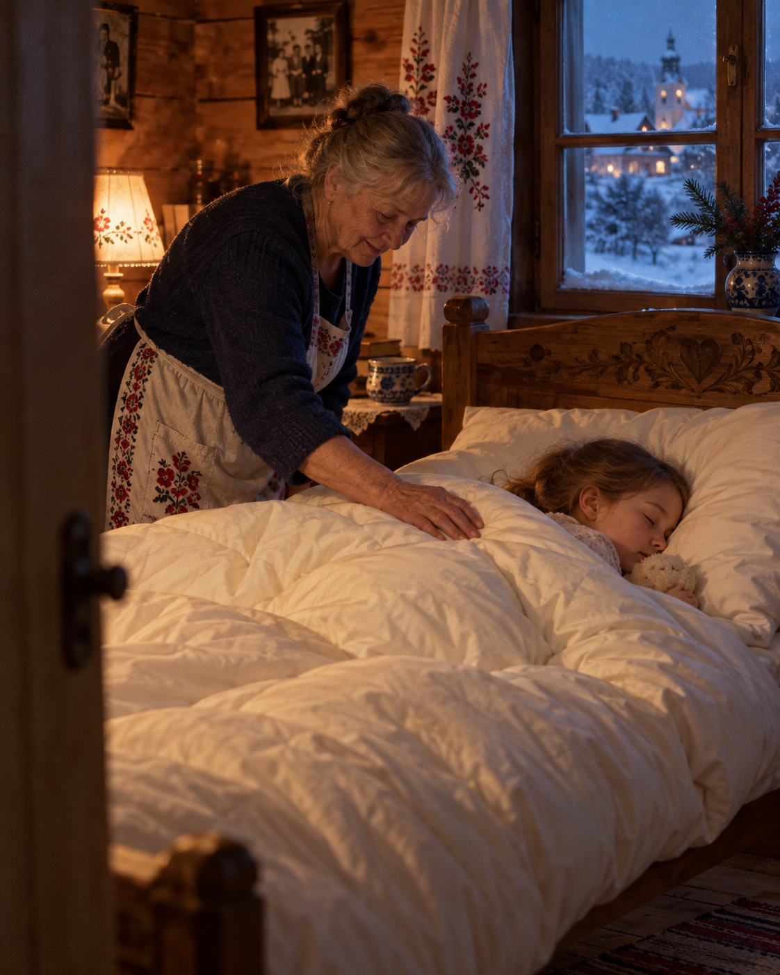 Une grand-mère polonaise borde sa petite-fille sous une couette blanc champagne dans une chambre en bois, un soir d'hiver