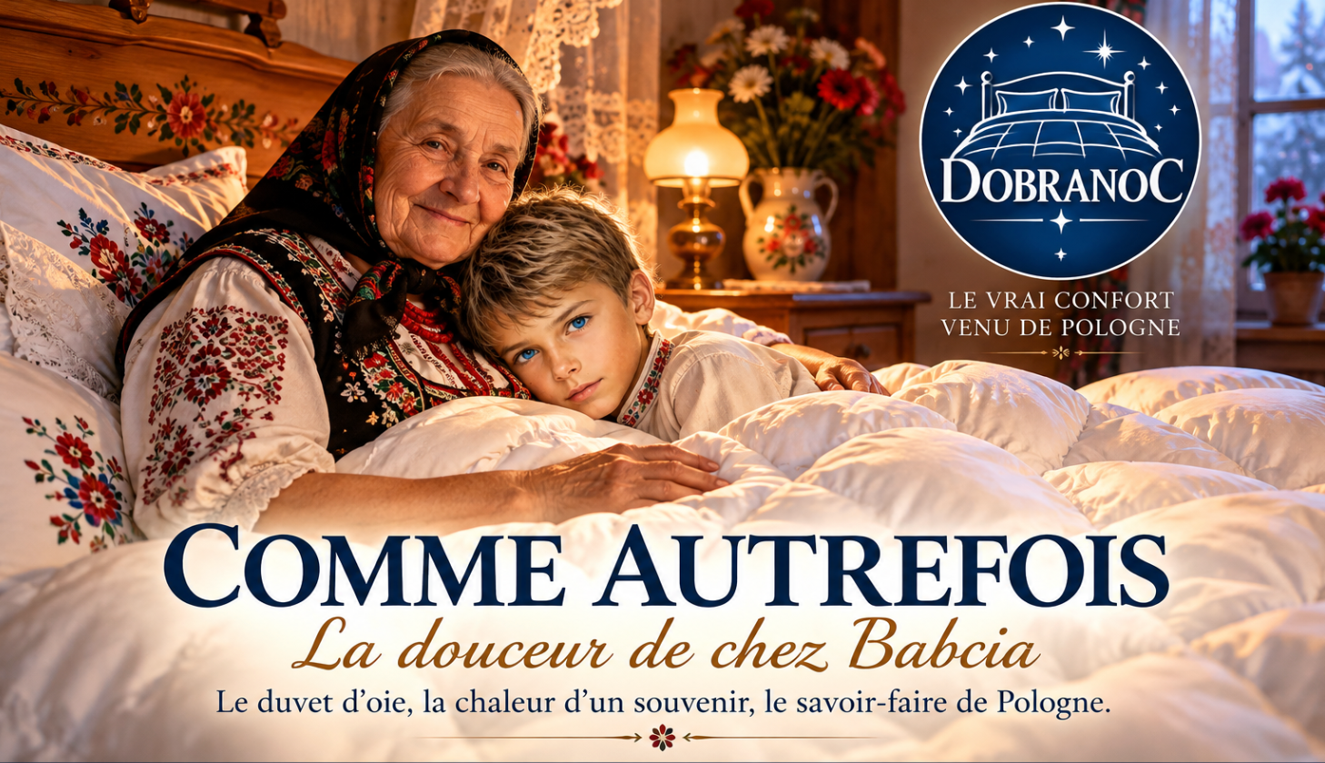 Babcia et son petit-fils sous une pierzyna blanche, avec le logo Dobranoc et le message Comme autrefois, la douceur de chez Babcia